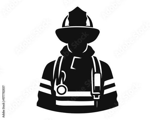  Fireman silhouette with helmet and fire-resistant gear. Clipart image isolated on white background 