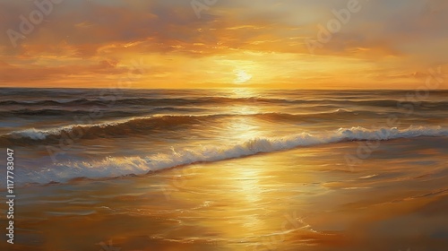 Golden sunset over a calm ocean with soft waves and a reflection of warm hues on the water