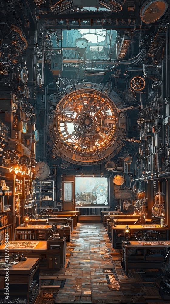 Obraz premium Steampunk Workshop Interior with Complex Machinery