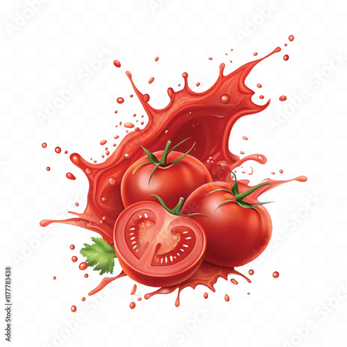 abstract 3d Splashes of tomato ketchup or red liquid tomato juice isolated on white background