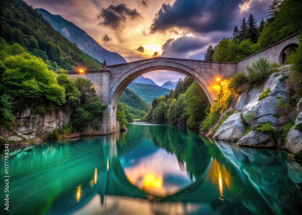 Fototapeta premium Summer night in Slovenia. The SoÄa River reflects the Napoleon Bridge's illuminated beauty; a captivating landscape.