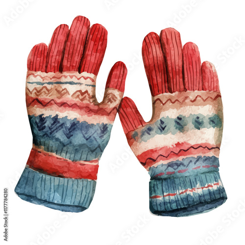 A watercolor vector of winter gloves, isolated on a white background. Accessories vector.
