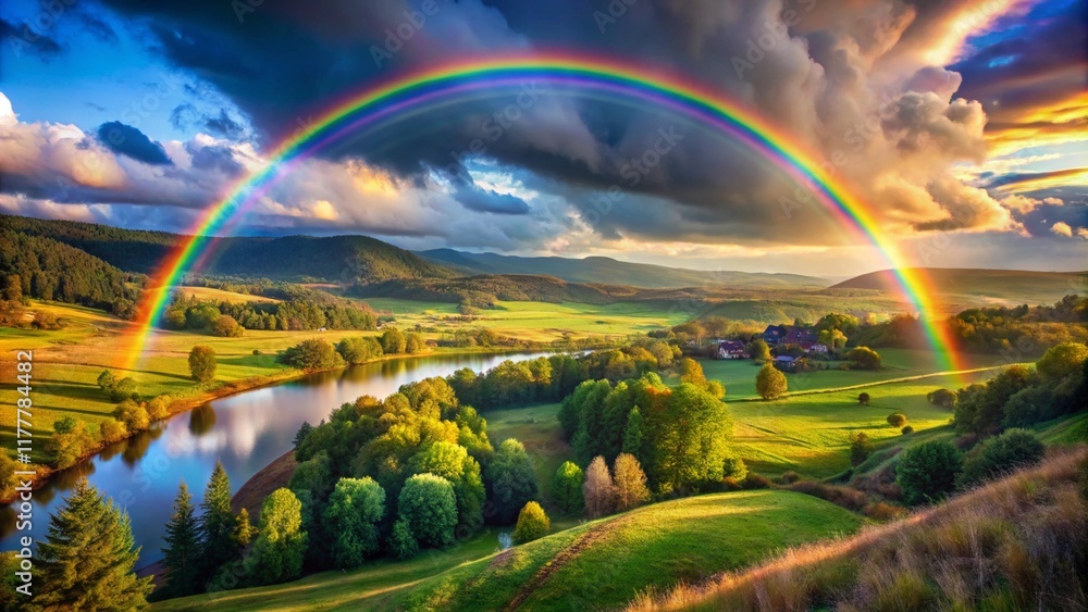 A rainbow background is over the river in Realistic Rainbow Scenery Showing in nature.
A rainbow background is over the river in Realistic Rainbow Scenery Showing in nature.
