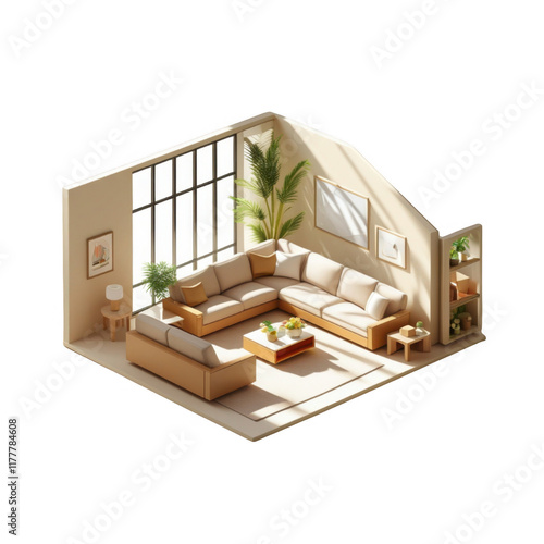 3D Render Modern Living Room with Large Windows, Neutral Sofas, and Indoor Plants, Filled with Natural Light and Minimalistic Decor, on a Transparent Background