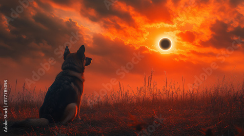 Loyal dog observes solar eclipse from hilltop with twilight sky and glowing corona