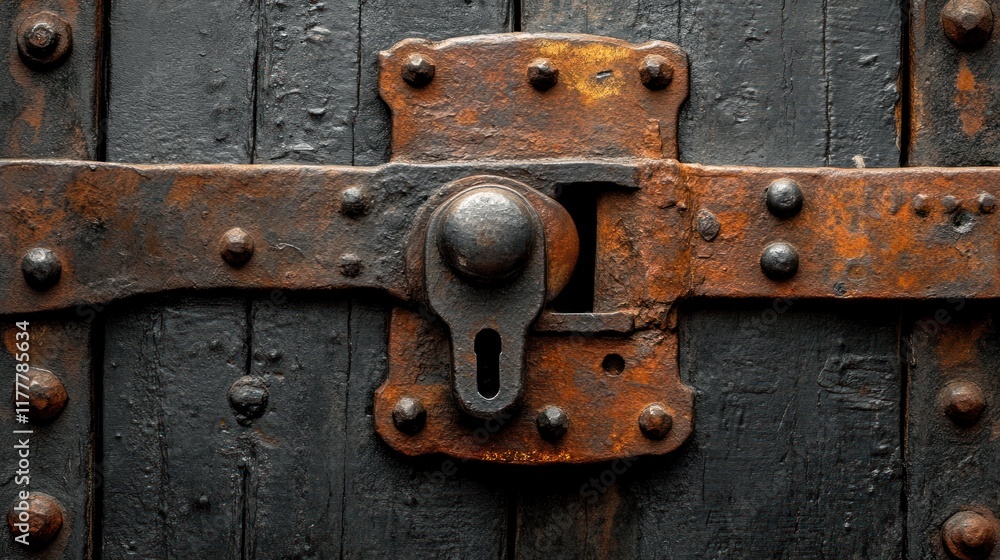 Rusty latch on a dark wooden door. Rusty latch on a dark wooden door.