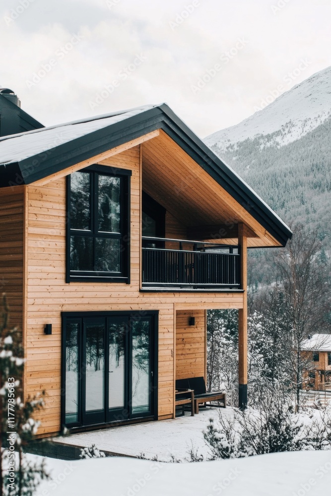 Cozy wooden cabin nestled in the snow-covered mountains during winter, showcasing modern architecture and natural surroundings Cozy wooden cabin nestled in the snow-covered mountains during winter, showcasing modern architecture and natural surroundings