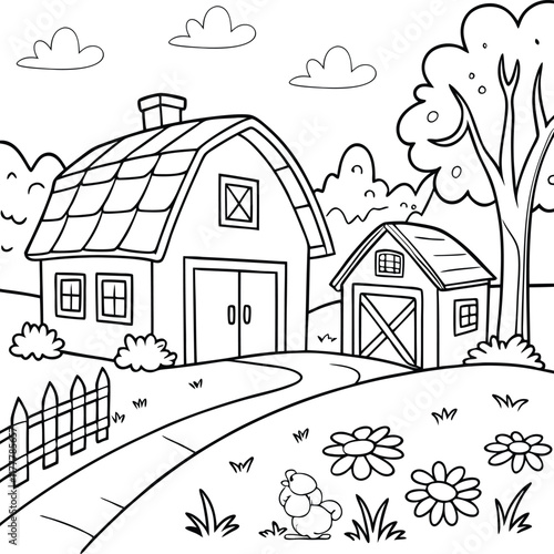 Farm house, barn house coloring page for kids. Summer landscape vector illustration
