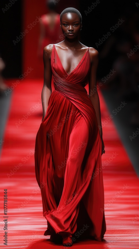 Fototapeta premium Striking elegance unfolds on the runway as a model showcases a dazzling red gown during a fashion event. Generative AI