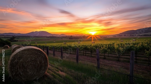 Fototapeta Naklejka Na Ścianę i Meble -  Scenic countryside view with rolling fields, scattered hay bales and a vibrant sunset