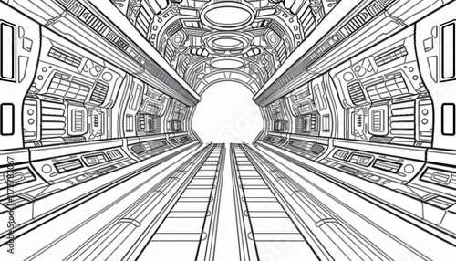 Fototapeta Naklejka Na Ścianę i Meble -  Intricate line art of a futuristic tunnel or corridor. Ideal for coloring books, sci-fi illustrations, or concept art projects.