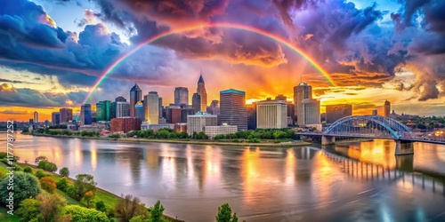 Wide-angle lens frames Cincinnati & Covington's skyline, a rainbow bursting through tempestuous clouds, stylish photoshoot.
