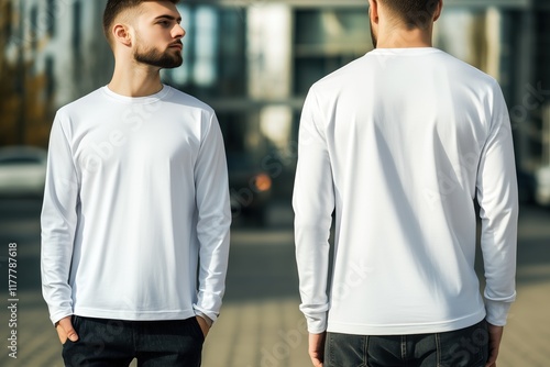 Men in white long sleeve T-shirt mockup front and back sides standing back to back in an urban setting. The focus is on their casual attire and the modern architecture in the background. photo