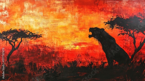 Fierce Lioness at Sunset in the African Savanna: A Vibrant Acrylic Painting photo