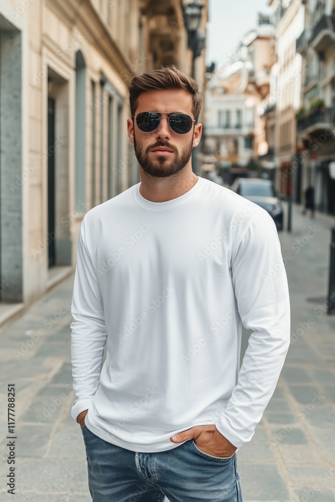 A stylish young man stands confidently on a city street, wearing sunglasses and a white long sleeve T-shirt mockup. The background features charming urban architecture and a cobblestone path. A stylish young man stands confidently on a city street, wearing sunglasses and a white long sleeve T-shirt mockup. The background features charming urban architecture and a cobblestone path.