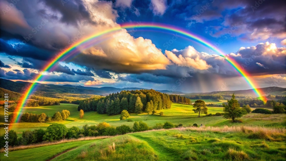 Fototapeta premium Summer landscape with a rainbow background. 