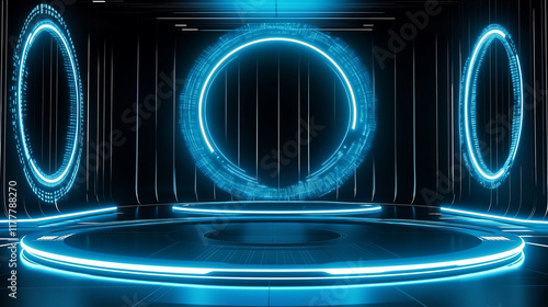 Futuristic sci fi stage with glowing neon circles illuminating dark background