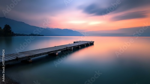 Wallpaper Mural Serene lakeside view with a wooden dock extending into calm water under a pastel sunset Torontodigital.ca