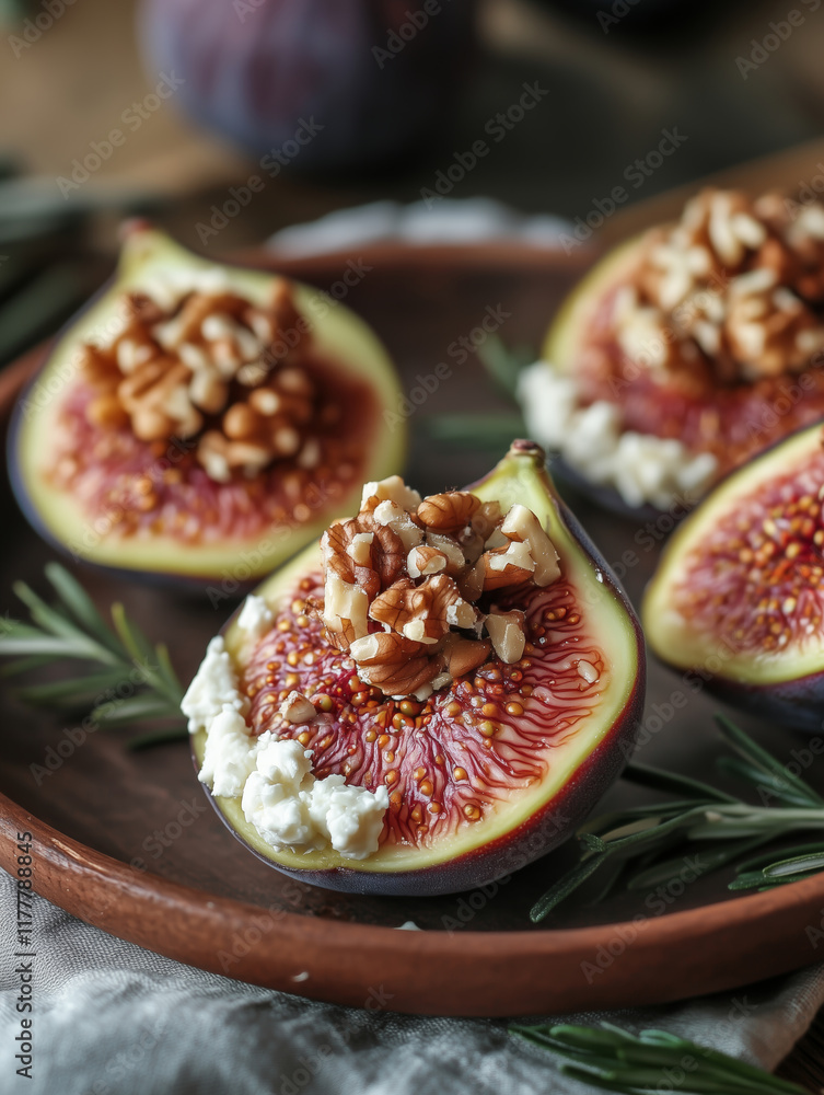 Delicious fresh figs stuffed with creamy goat cheese and crunchy nuts Delicious fresh figs stuffed with creamy goat cheese and crunchy nuts