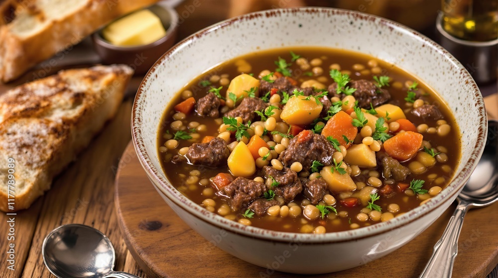 Hearty Beef Stew with Vegetables, Beans, and Fresh Herbs in Rustic Setting
Hearty Beef Stew with Vegetables, Beans, and Fresh Herbs in Rustic Setting