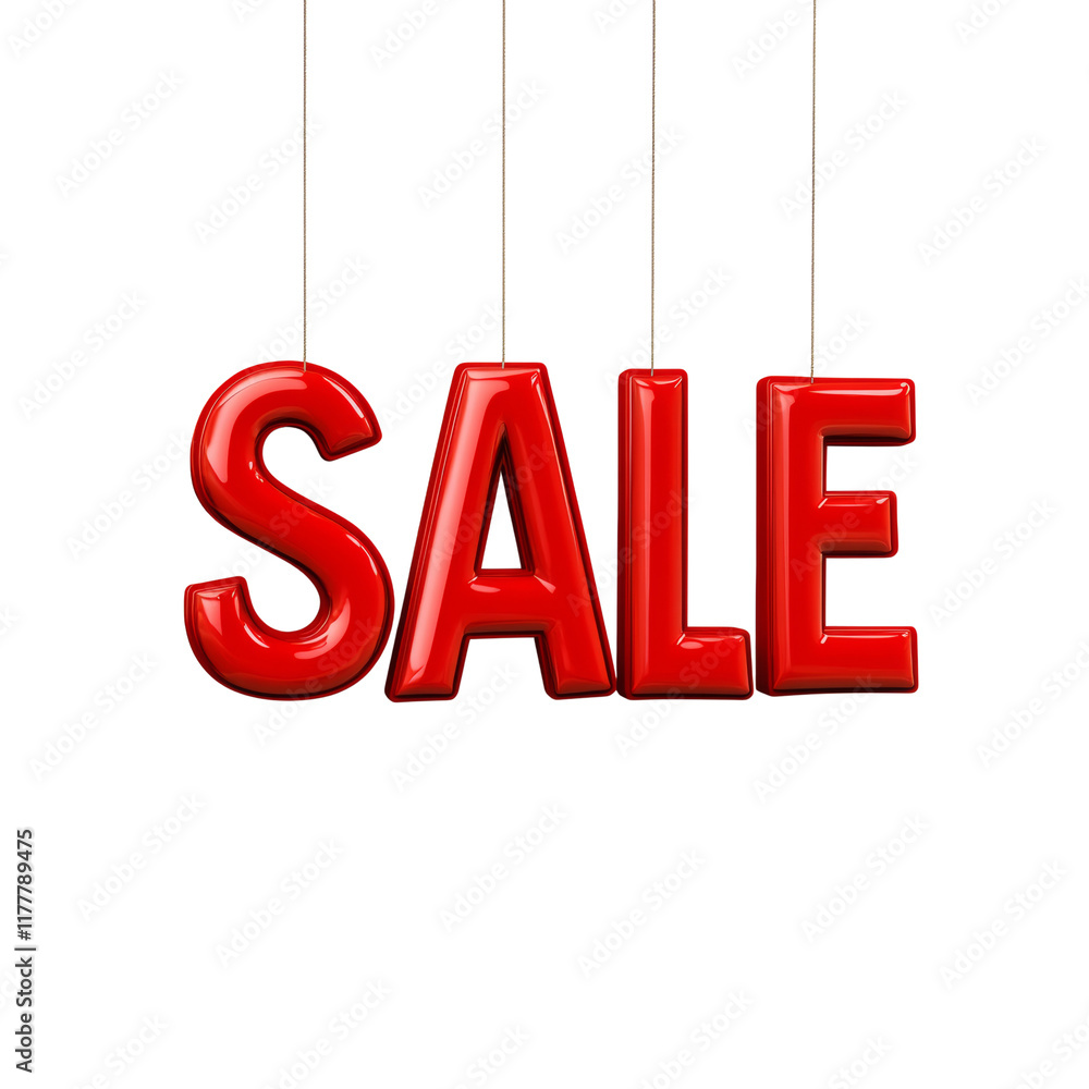 Three-dimensional red letters spelling SALE hang from strings against a white background, advertising a sale or discount. Three-dimensional red letters spelling SALE hang from strings against a white background, advertising a sale or discount.