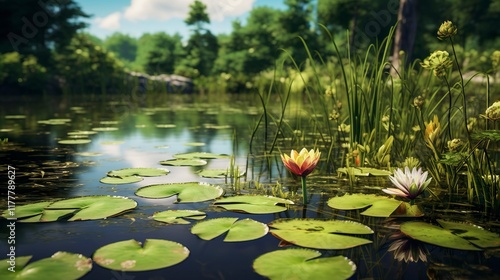 A photo of a tranquil pond with lily pads
