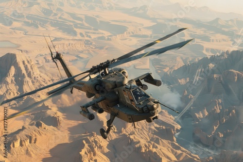 Low-flying apache attack helicopter soars over desert landscape action shot military environment