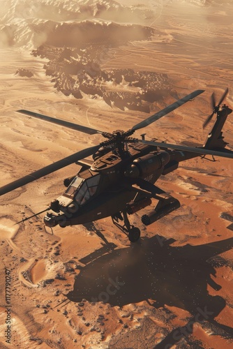 Epic attack helicopter operation in arid desert terrain aerial perspective photorealistic art photo