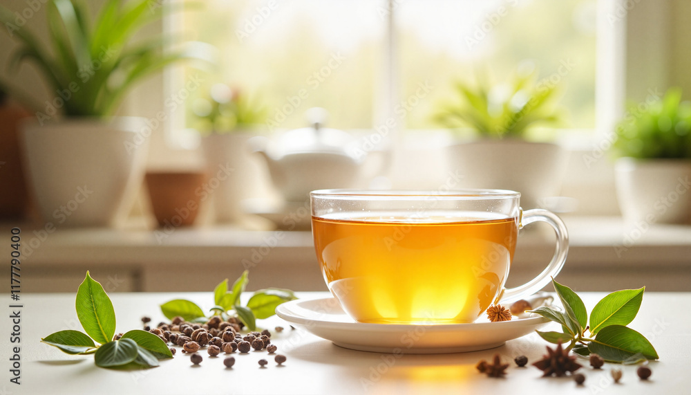 Herbal tea for immunity in bright kitchen, spring wellness Herbal tea for immunity in bright kitchen, spring wellness