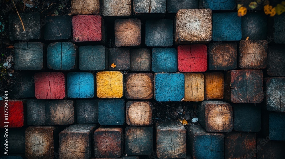 A Colorful Arrangement of Wooden Blocks Captured from Above, Showcasing an Intricate Pattern of Reds, Blues, Yellows, and Natural Textures in a Playful Setting A Colorful Arrangement of Wooden Blocks Captured from Above, Showcasing an Intricate Pattern of Reds, Blues, Yellows, and Natural Textures in a Playful Setting