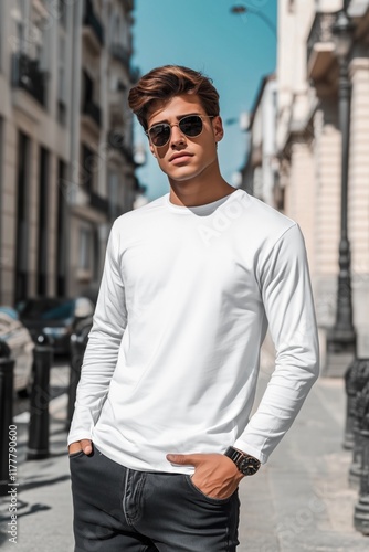 A young man in a white long sleeve T-shirt mockup and sunglasses poses confidently on a city street. The background features urban architecture and parked cars, suggesting a vibrant city atmosphere.