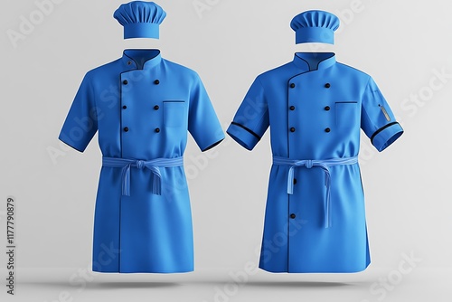 Solid blue chef uniform mockup set, front view with toque and coatee for kitchen professionals photo