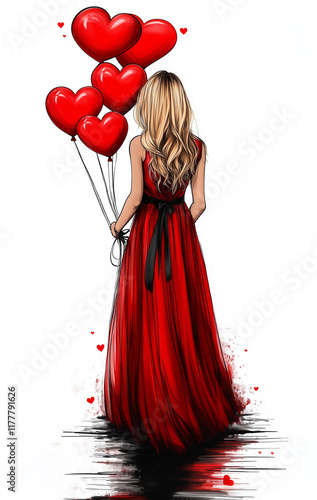 A girl in a red dress holding heart-shaped balloons