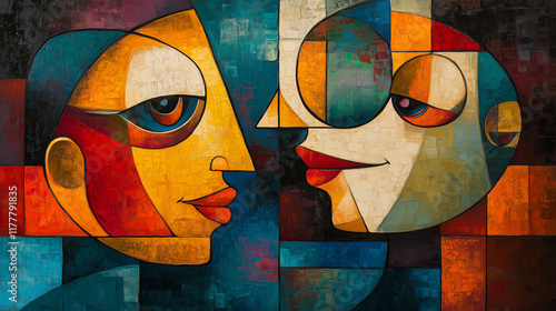 Abstract cubist painting of two stylized faces in vibrant geometric shapes and bold colors, modern art concept inspired by Picasso style