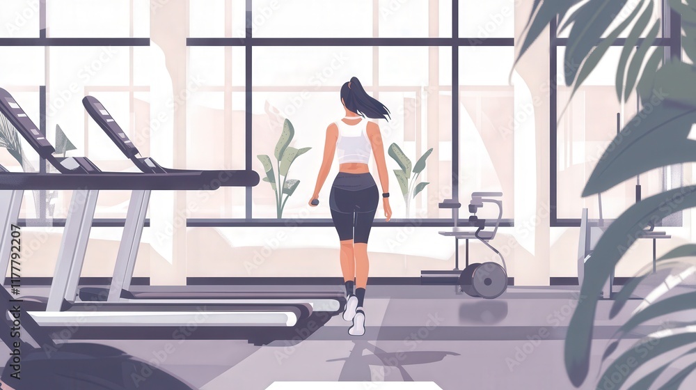 Fototapeta premium Motivated individual jogs on a treadmill in a bright, airy gym filled with greenery and modern equipment. Generative AI