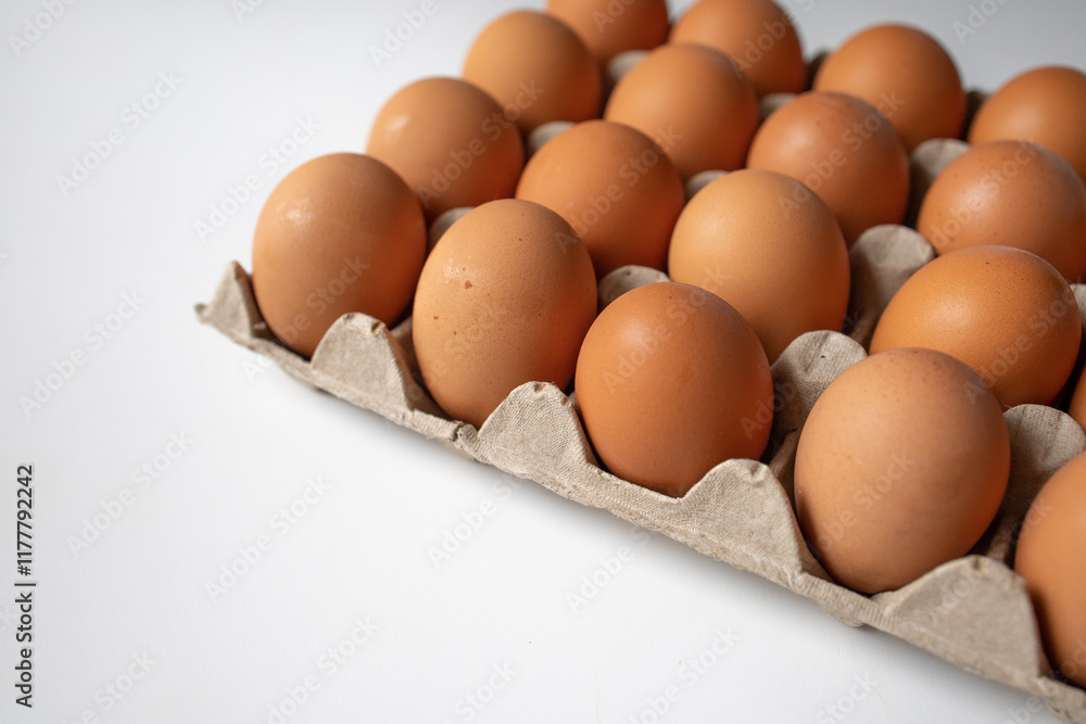 Chicken eggs in a paper tray side view close up