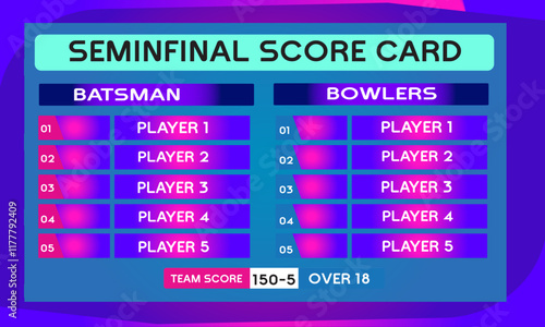 Cricket semi final scorecard game leaderboard with abstract background vector
