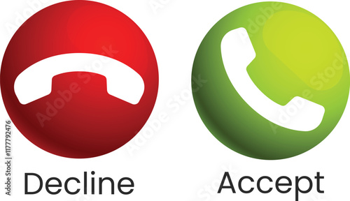 Phone call icon answer, accept and decline call icons with green and red buttons , Contact us telephone sign. yes and no buttons. Incoming call icons