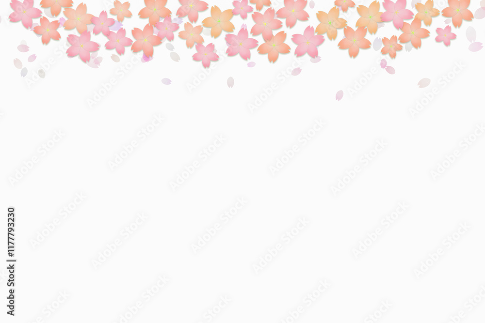 立体的な桜の花が上部に咲き花びらが散る背景 立体的な桜の花が上部に咲き花びらが散る背景