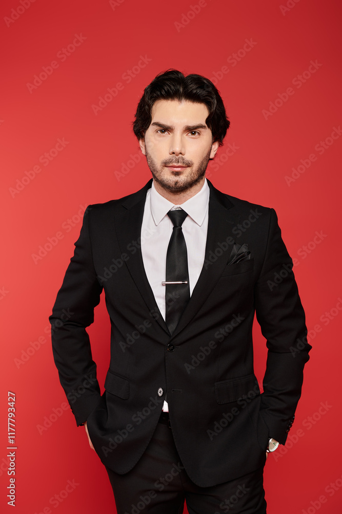 Young handsome man in a classy suit against a vibrant red background exudes confidence and style Young handsome man in a classy suit against a vibrant red background exudes confidence and style