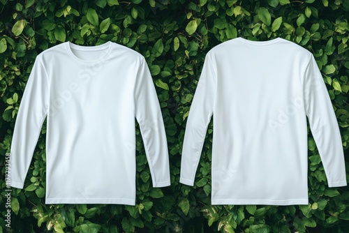 A plain white long sleeve T-shirt mockup front and back sides against a lush green leaf background, showcasing both the front and back views of the shirt. photo