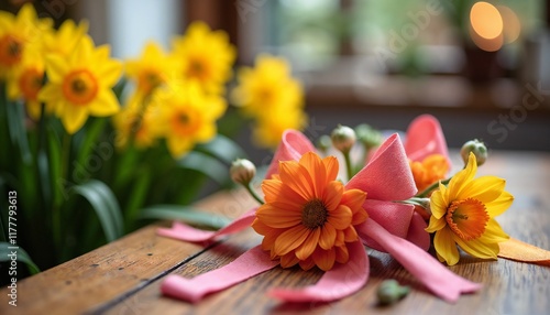 Wallpaper Mural Colorful flowers with ribbons on a rustic table in a cozy indoor setting Torontodigital.ca