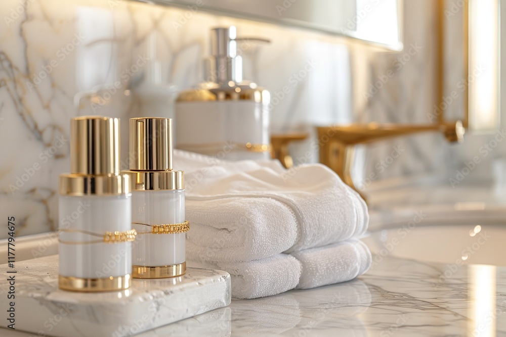Modern Bathroom Countertop with Luxury Towels and Elegant Golden Accessories Modern Bathroom Countertop with Luxury Towels and Elegant Golden Accessories