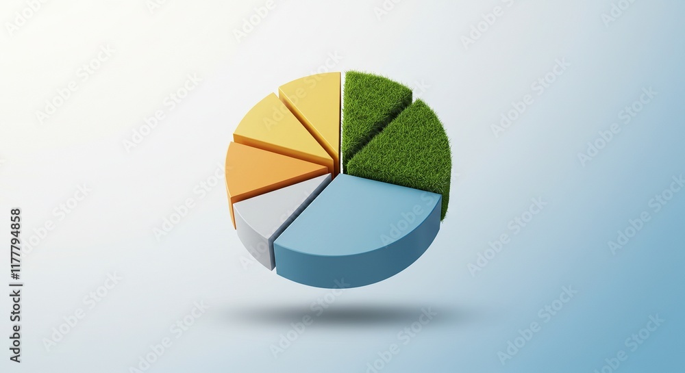 Fototapeta premium 3D Pie Chart with Textured Grass Segments on Gradient Background - Ideal for Data Visualization and Infographics.