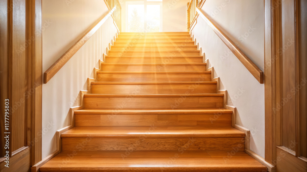 Obraz premium Embracing light on sunlit wooden stairs indoor setting natural glow uplifting perspective
