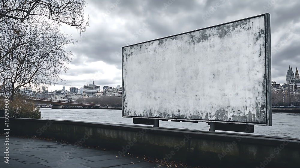 Obraz premium Textured concrete billboard near riverside park in cloudy weather