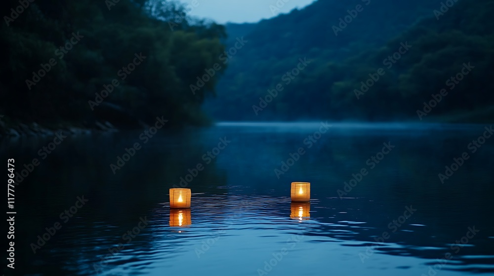 custom made wallpaper toronto digitalGlowing Lanterns Floating on Calm River with Dark Space for Text
