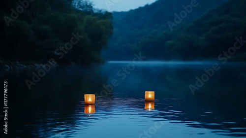 Wallpaper Mural Glowing Lanterns Floating on Calm River with Dark Space for Text Torontodigital.ca