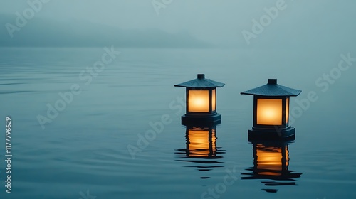 Serene River Scene with Soft Lantern Light and Text-Friendly Area
