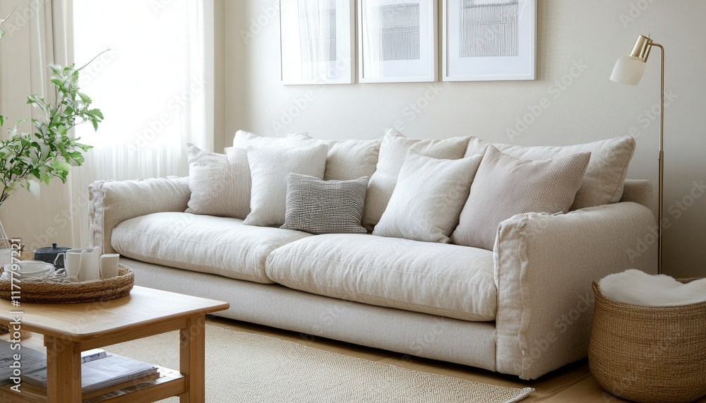 Fototapeta premium Comfortable Beige Linen Sofa in Modern Living Room Interior Design